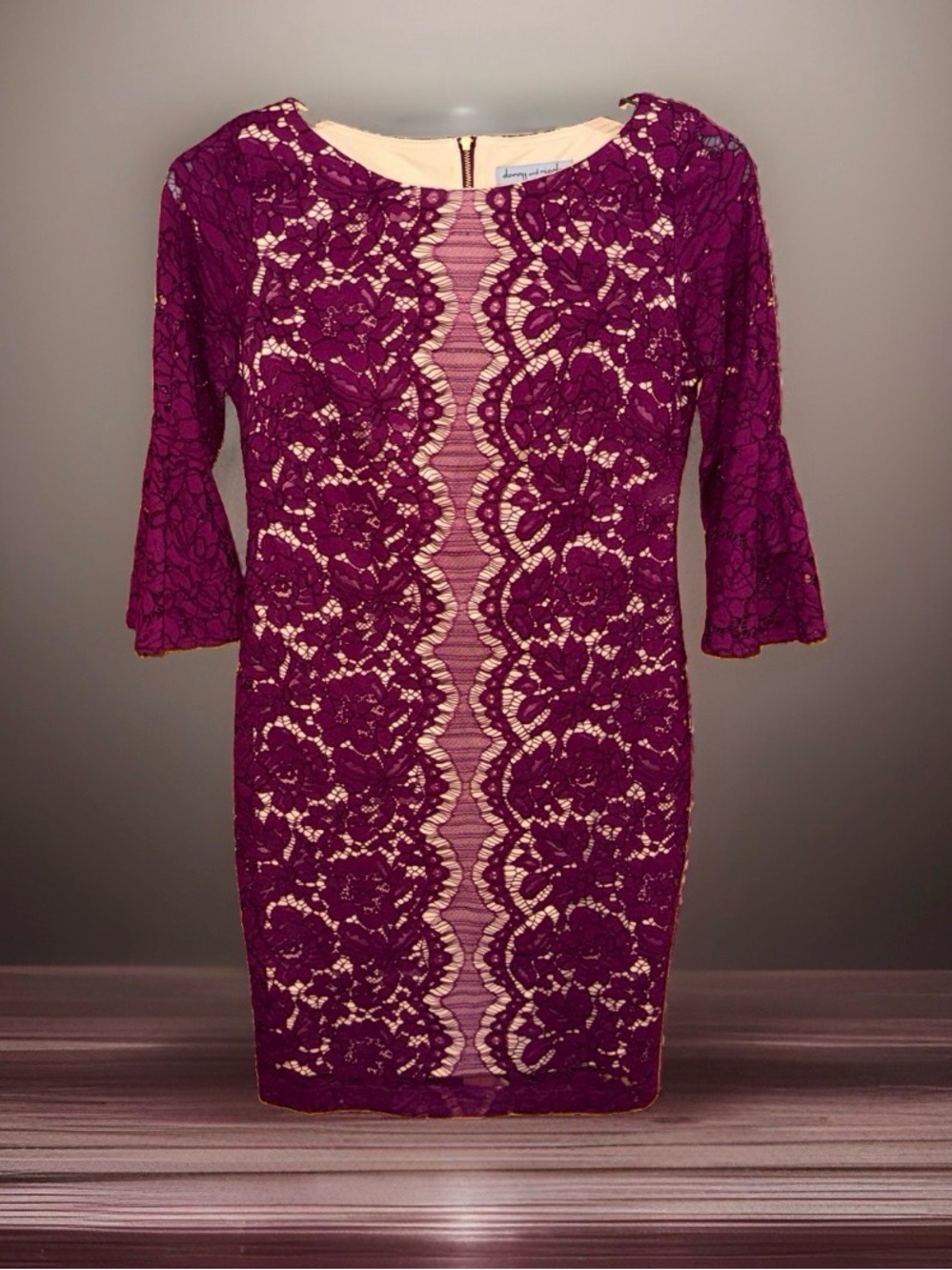 Danny & Nicole Burgundy Lace Sheath Dress with Nude Lining-4-EC
